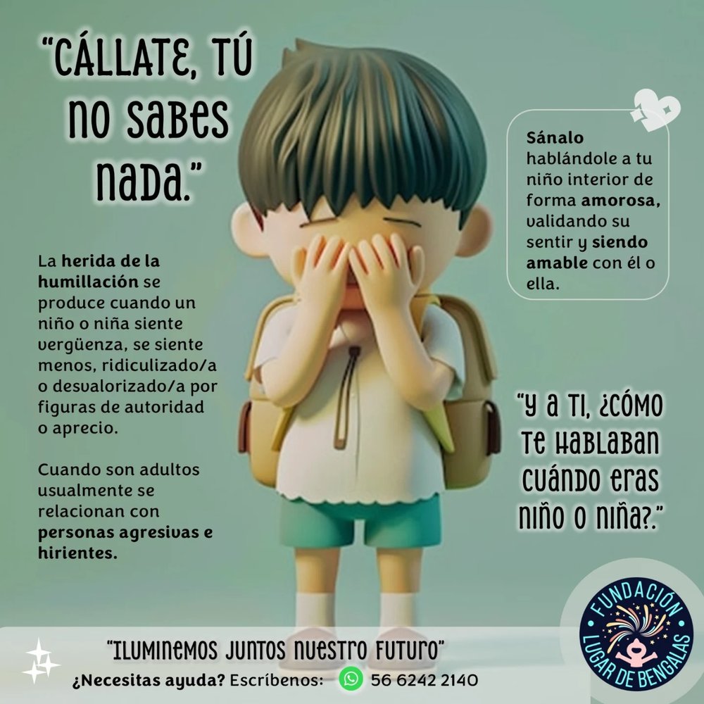 'Cállate, tú no sabes nada.' La herida de la humillación se produce cuando un niño o niña siente vergüenza, se siente menos, ridiculizado o desvalorizado por figuras de autoridad o aprecio. Sánalo hablándole a tu niño interior de forma amorosa, validando su sentir y siendo amable con él o ella.