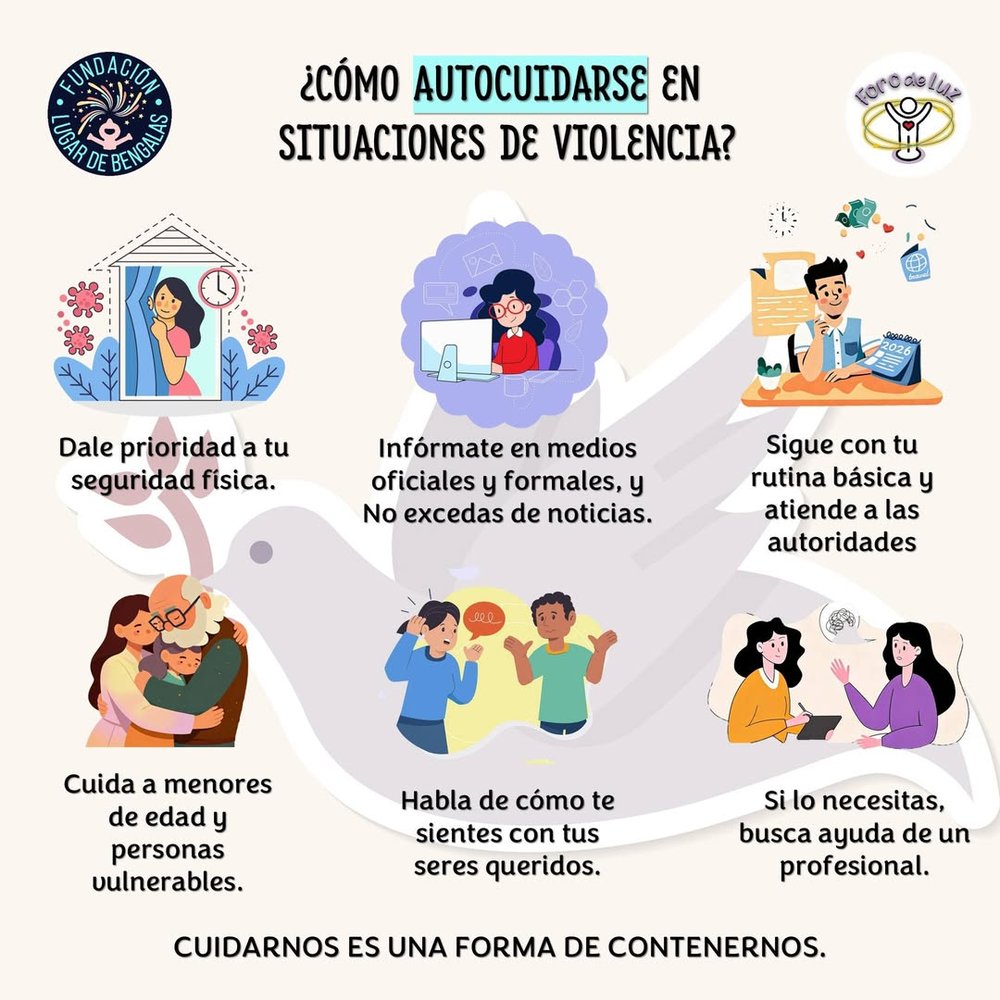¿Cómo autocuidarse en situaciones de violencia? Dale prioridad a tu seguridad física. Infórmate en medios oficiales y formales, y no excedas de noticias. Sigue con tu rutina básica y atiende a las autoridades. Cuida a menores de edad y personas vulnerables. Habla de cómo te sientes con tus seres queridos. Si lo necesitas, busca ayuda de un profesional. Cuidarnos es una forma de contenernos.