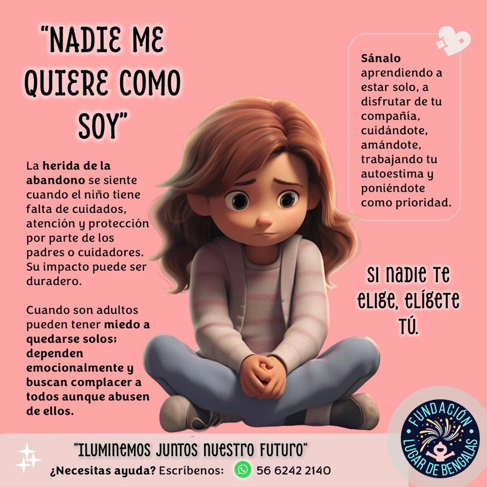 'Nadie me quiere como soy.' La herida del abandono se siente cuando el niño tiene falta de cuidados, atención y protección por parte de los padres o cuidadores. Sánalo aprendiendo a estar solo, a disfrutar de tu compañía, cuidándote, amándote, trabajando tu autoestima y poniéndote como prioridad. Si nadie te elige, elígete tú.